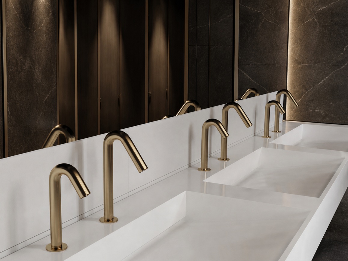Architect reviewing Fontana touchless faucet specification sheet for commercial restroom sensor faucet installation